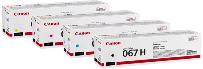 Canon Original 067H Toner - 4er Multipack featuring cyan, magenta, yellow, and black cartridges.